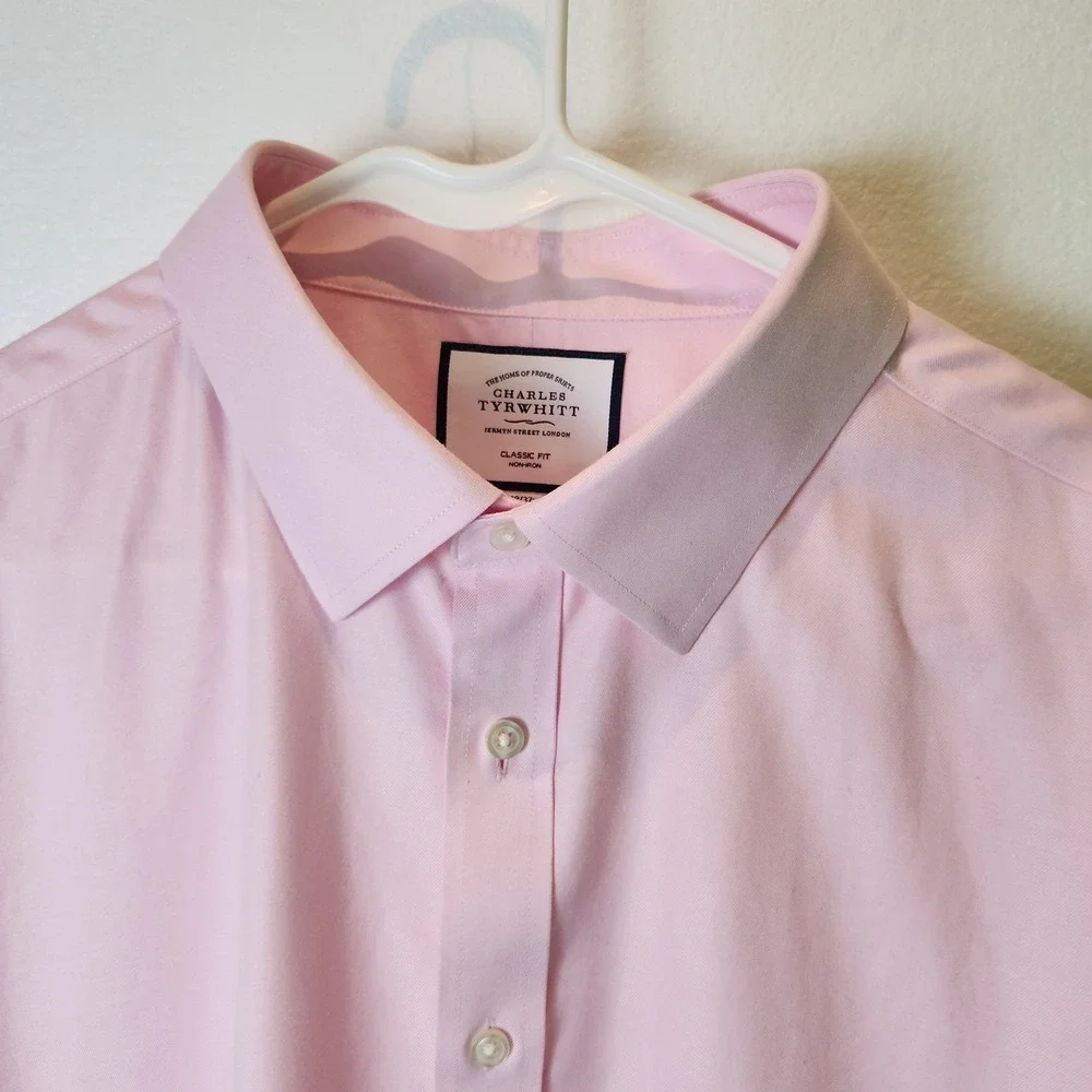 Charles Tyrwhitt Pink‎ Non-Iron Dress Shirt Classic Fit 19/37 Cotton Twill Mens